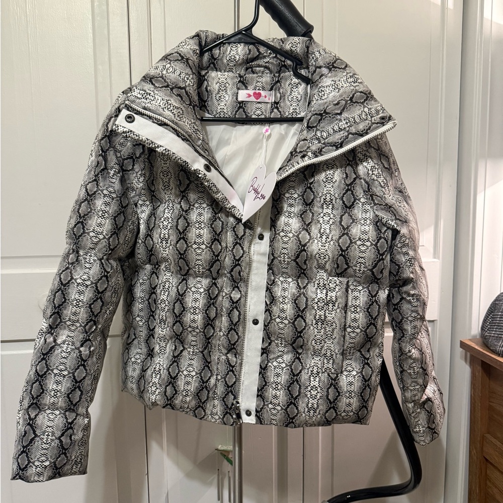 Buddy Love Black and White Snake Print Puffer Jacket